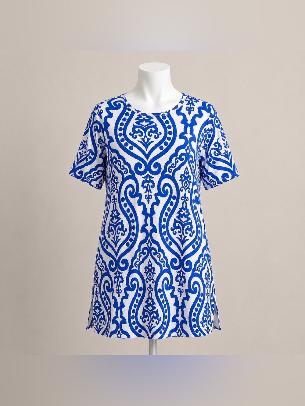 Blue White Damask Print Tunic Top 3X Plus Size Short Sleeve